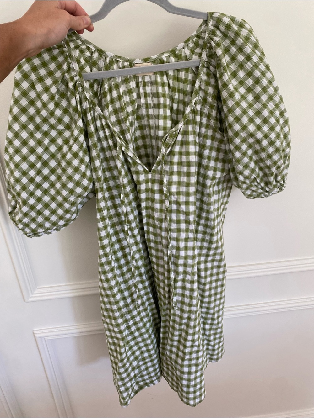 Opia Green and White Gingham Puff Sleeve Dress